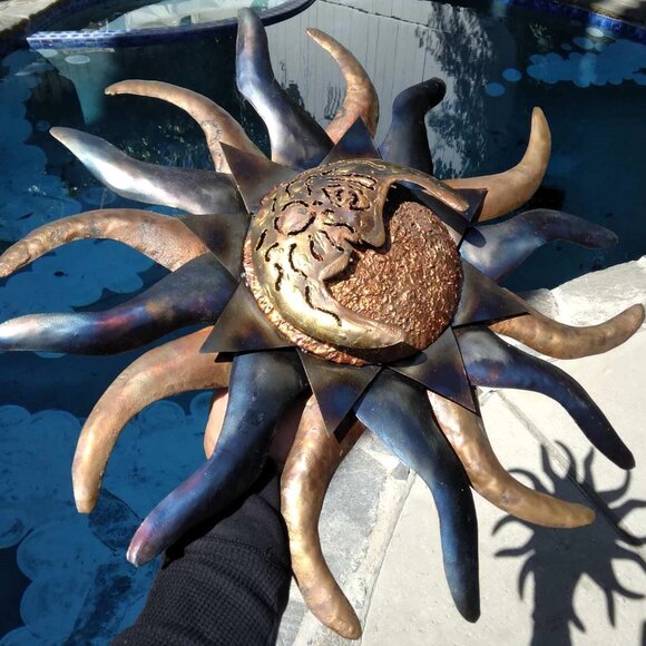 Gorgeous Mixed Metals Handmade Celestial Sunburst & Half Moon Face Sculpture - Picture 2 of 12